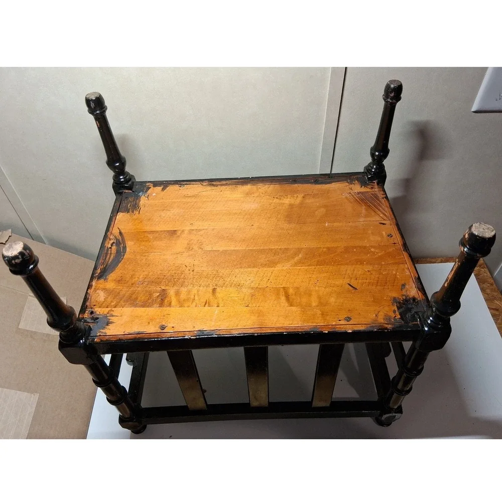 Vintage Black Wooden Spindle Magazine Rack Floor Stand Turned Wood Handle 17x12